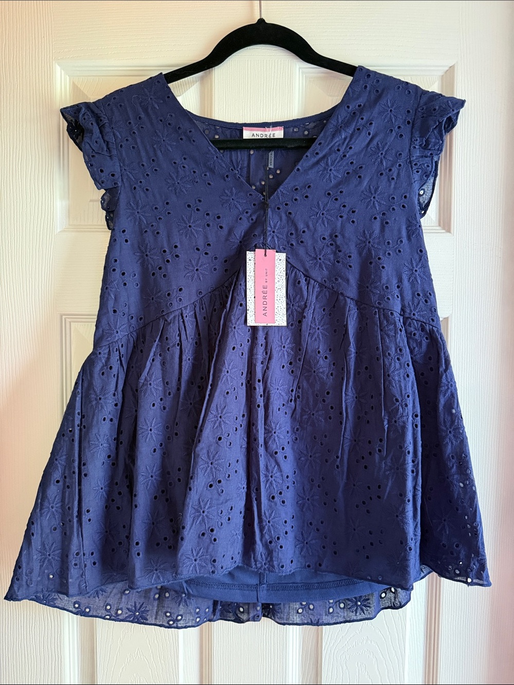Andree Navy Eyelet Cotton Tank with Flutter Sleeves